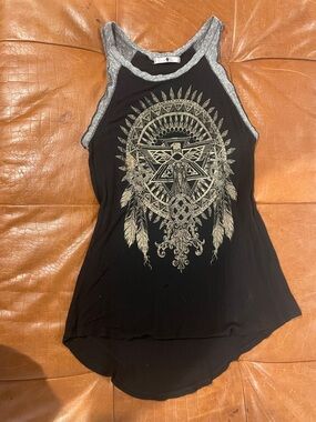 Black Graphic Racerback Tank Top with Gray Trim